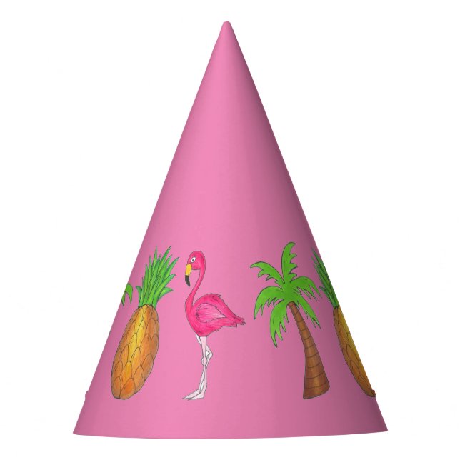 Pink Flamingo Tropical Island Palm Tree Pineapple Party Hat (Front)