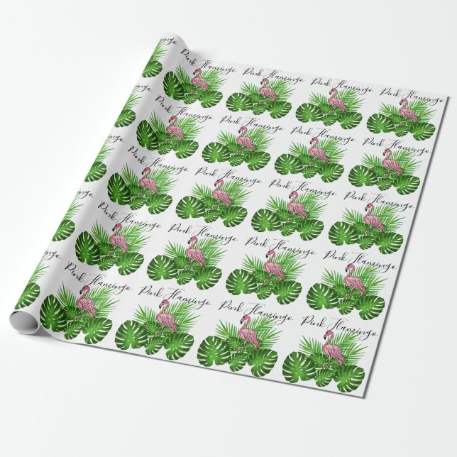 Pink Flamingo, tropical jungle Leave  Wrapping Paper (Unrolled)