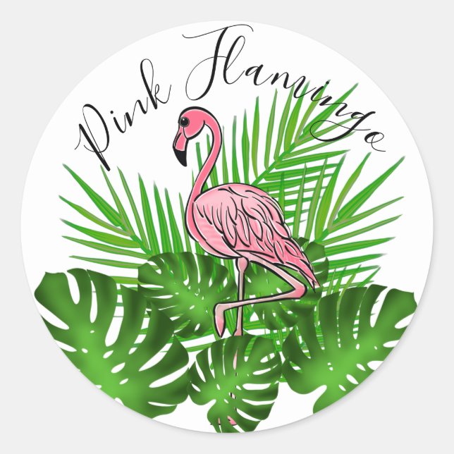 Pink Flamingo, tropical jungle leaves Classic Round Sticker (Front)