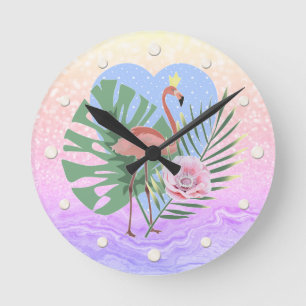 Pink Flamingo tropical leaf palm Round Clock