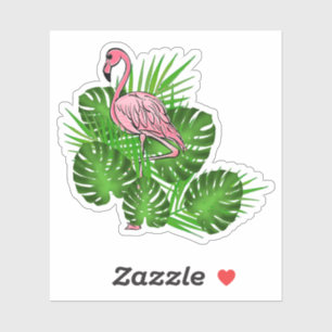Pink Flamingo, tropical Leaves 