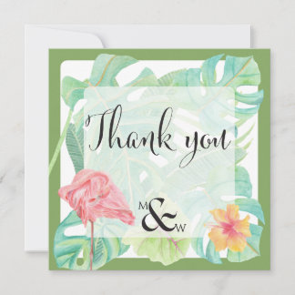Pink Flamingo,Tropical leaves and flower wedding  Thank You Card