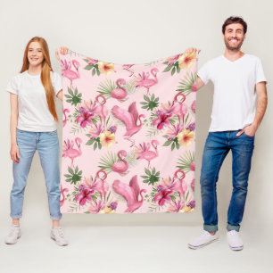 Pink Flamingo Tropical Leaves And Flowers Fleece Blanket