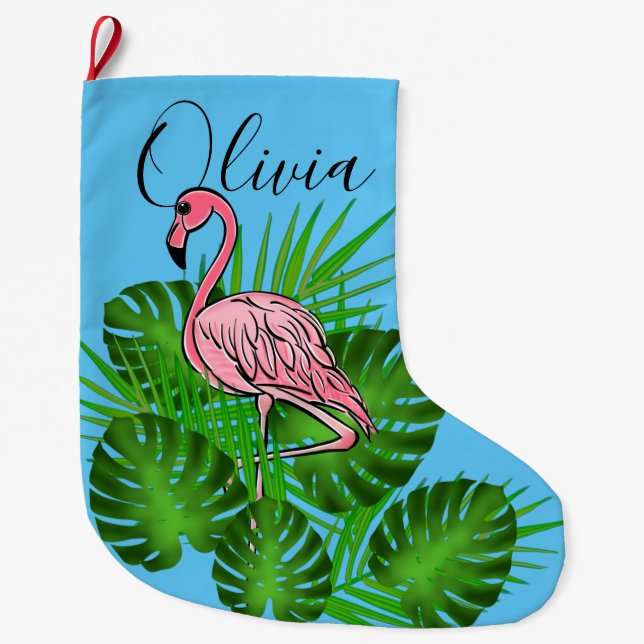 Pink Flamingo, tropical Leaves  Large Christmas Stocking (Front)