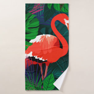 Pink flamingo. Tropical leaves, pink butterfly, Bath Towel