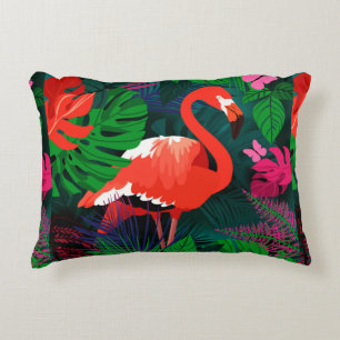 Pink flamingo. Tropical leaves, pink butterfly,  Decorative Cushion