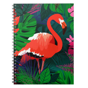 Pink flamingo. Tropical leaves, pink butterfly, Notebook