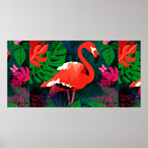 Pink flamingo. Tropical leaves, pink butterfly, Poster