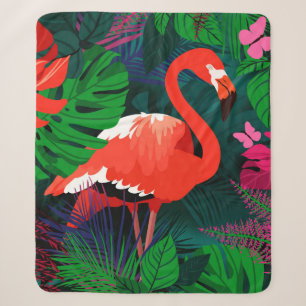 Pink flamingo. Tropical leaves, pink butterfly, Sherpa Blanket