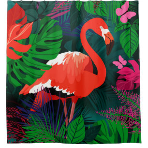 Pink flamingo. Tropical leaves, pink butterfly, Shower Curtain