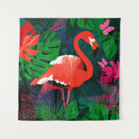 Pink flamingo. Tropical leaves, pink butterfly,