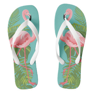 Pink Flamingo Tropical Leaves Turquoise Thongs