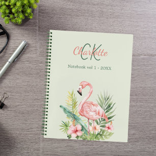 Pink flamingo tropical monogram sage green notebook