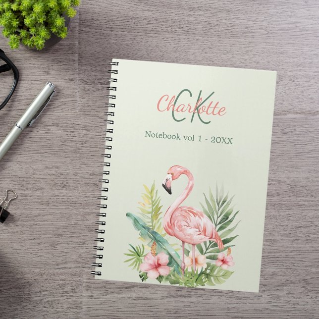 Pink flamingo tropical monogram sage green notebook (Creator Uploaded)