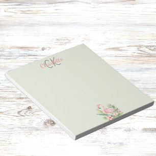 Pink flamingo tropical monogram sage green notepad