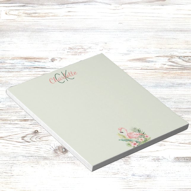 Pink flamingo tropical monogram sage green notepad (Creator Uploaded)