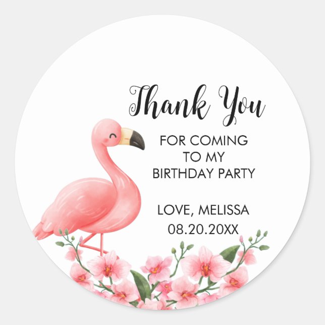 Pink Flamingo Tropical Orchid Birthday Thank You Classic Round Sticker (Front)