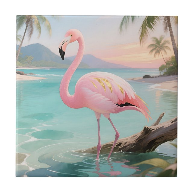 Pink Flamingo Tropical Paradise Ceramic Tile (Front)