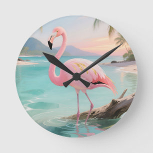 Pink Flamingo Tropical Paradise Round Clock