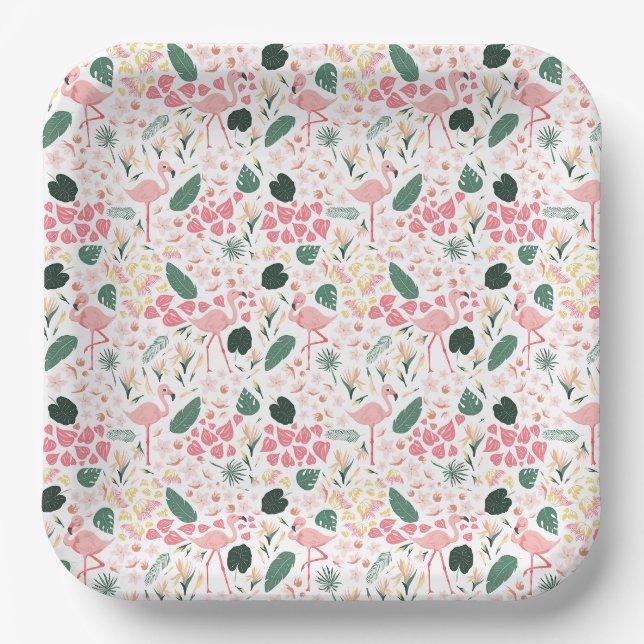 Pink Flamingo Tropical Pattern Paper Plate (Front)