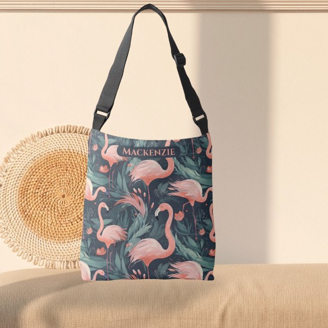 Pink Flamingo Tropical Pattern Personalised Crossbody Bag (Pink Flamingo Tropical Pattern Personalized Crossbody Bag by Ricaso. Add your own mane or other text)