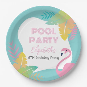 Pink Flamingo Tropical Pool Party Birthday Paper Plate