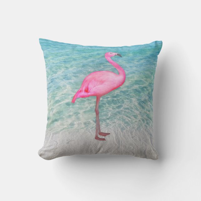 Pink Flamingo Tropical Sandy Beach Modern Chic Cushion (Front)
