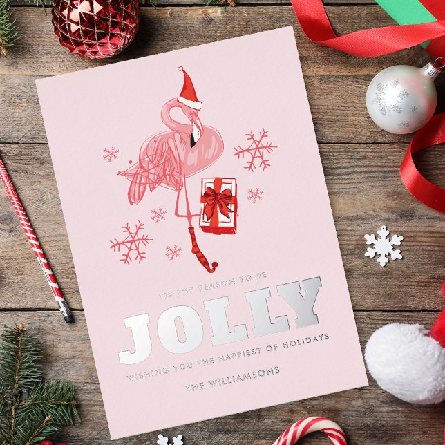 Pink Flamingo Tropical Santa Christmas Foil Holiday Card (Pink Flamingo Tropical Santa Christmas Silver Foil Holiday Card)