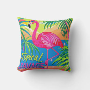 Pink flamingo Tropical  standing on one leg Cushion