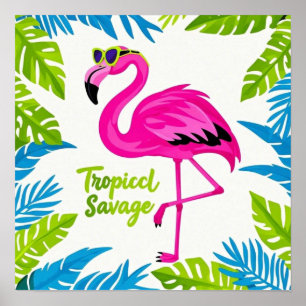 Pink flamingo Tropical standing on one leg Poster