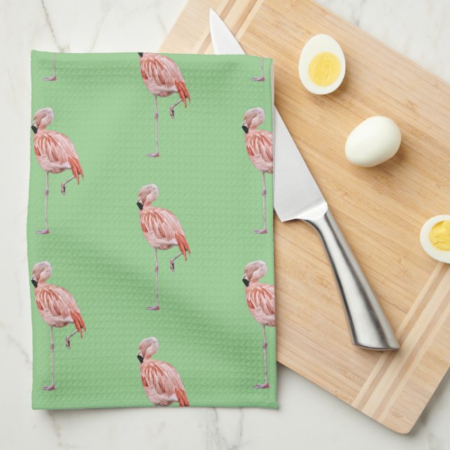 Pink Flamingo Tropical Style Green Kitchen Towel (Quarter Fold)