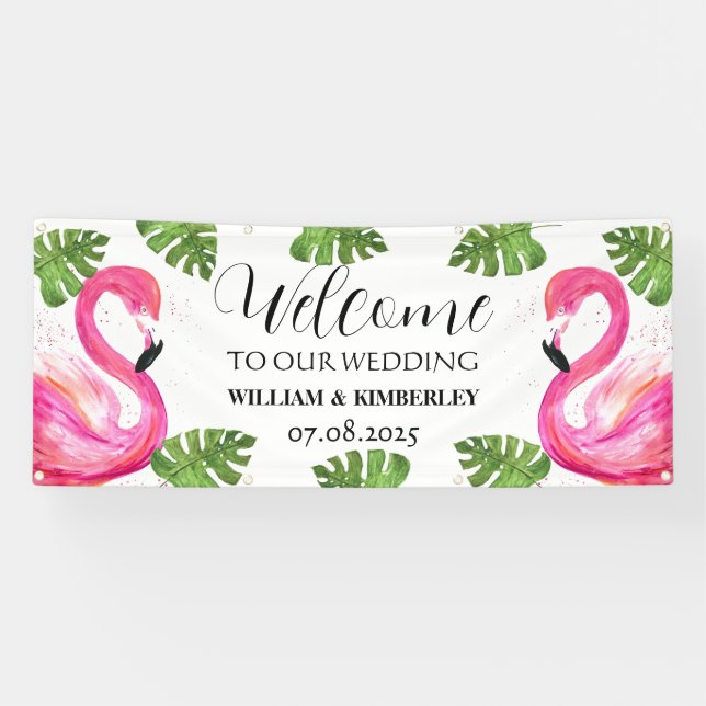 Pink Flamingo Tropical Summer Beach Wedding Banner (Horizontal)