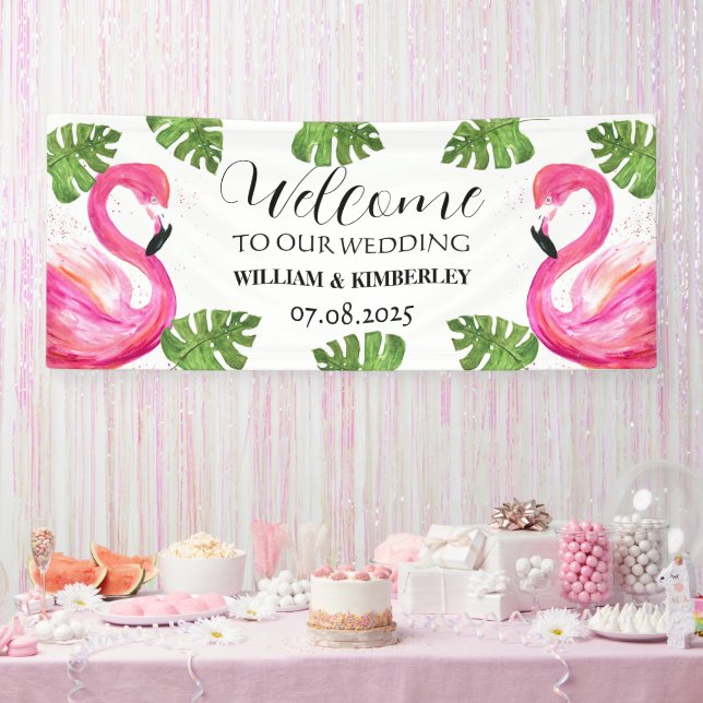 Pink Flamingo Tropical Summer Beach Wedding Banner (Party)