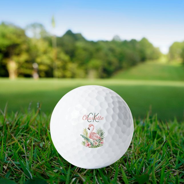 Pink flamingo tropical summer monogram golf balls (Creator Uploaded)