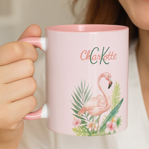 Pink flamingo tropical summer monogram mug