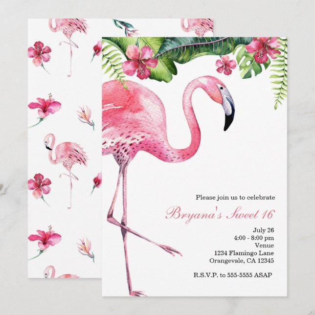 Pink Flamingo Tropical Summer Party Invitations (Front/Back)