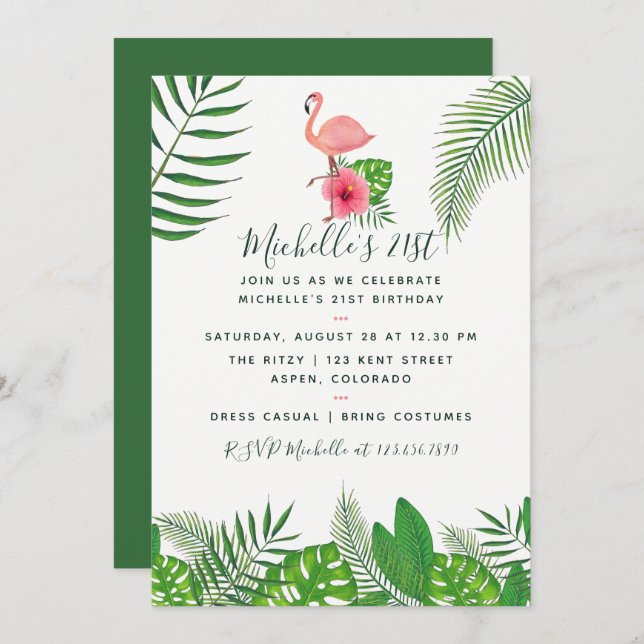 Pink Flamingo Tropical Watercolor 21st Birthday Invitation (Front/Back)