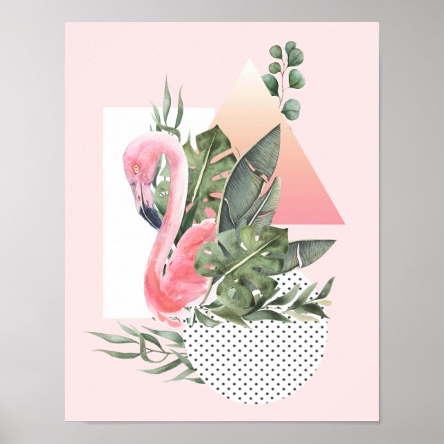 Pink Flamingo Tropical Watercolor Collage Poster (Front)