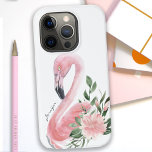 Pink Flamingo Tropical Watercolor Floral with Name Case-Mate iPhone 14 Pro Case<br><div class="desc">A beautifully feminine design with a graceful tropical pink flamingo in soft watercolor pink. Matching pink flowers and greenery add elegance to the design. Personalise with your name or other desired text by replacing the sample text shown in the design template. You can also delete the sample text if you...</div>