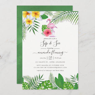 Pink Flamingo Tropical Watercolor Girl Sip and See Invitation