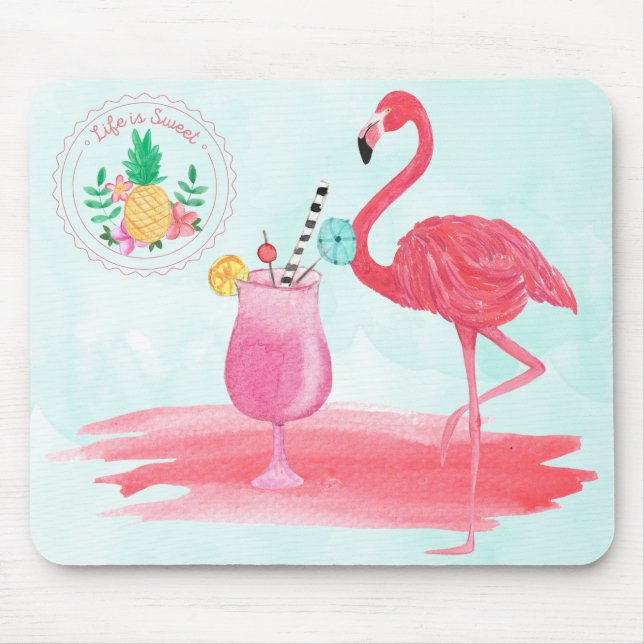 Pink Flamingo Tropical Watercolor MousePad Design (Front)