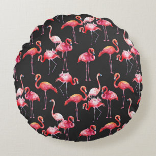 Pink Flamingo: Tropical Watercolor Pattern. Round Cushion