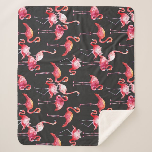 Pink Flamingo: Tropical Watercolor Pattern. Sherpa Blanket (Front)