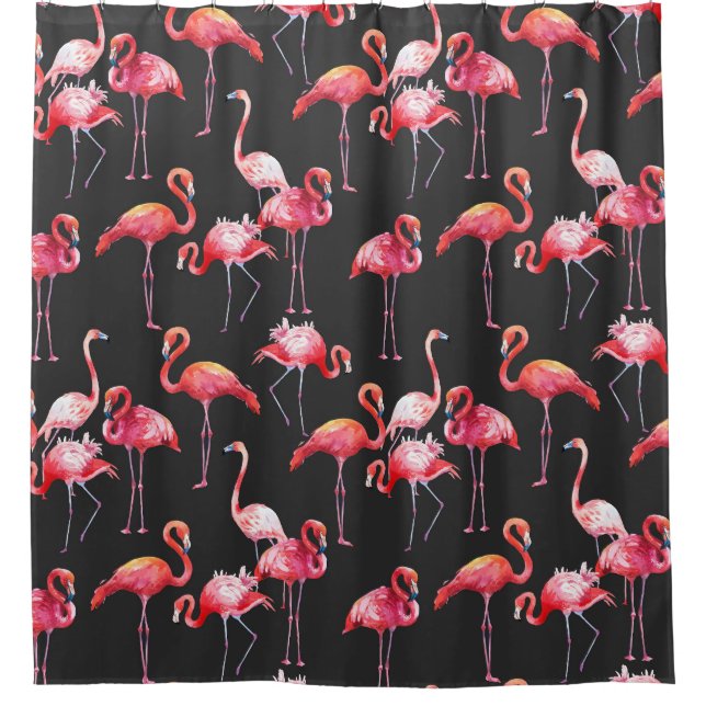 Pink Flamingo: Tropical Watercolor Pattern. Shower Curtain (Front)