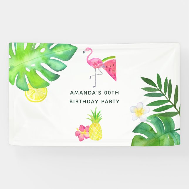 Pink Flamingo Tropical Watercolor Summer Party Banner (Horizontal)