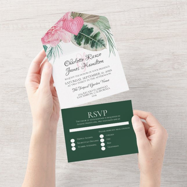 Pink Flamingo Tropical Wedding All In One Invitation (Tearaway)
