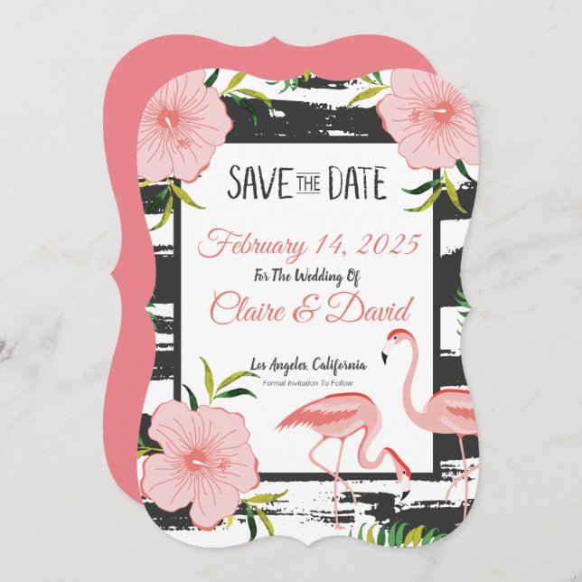 Pink Flamingo Tropical Wedding Save The Date (Front/Back)