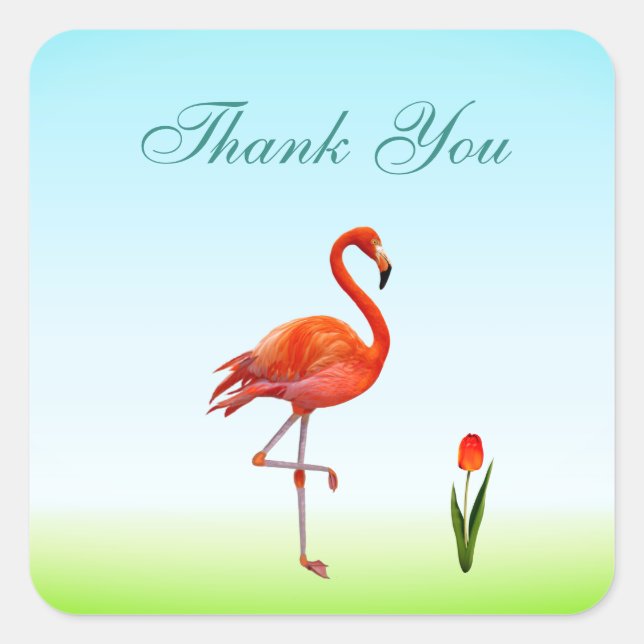 Pink Flamingo & Tulip Flower Thank You Square Stic Square Sticker (Front)
