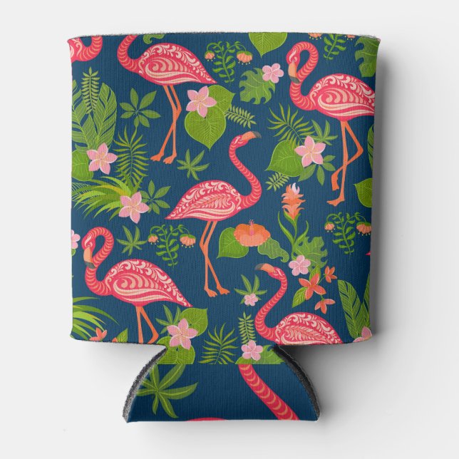 Pink Flamingo: Turquoise Striped Vintage Can Cooler (Front)