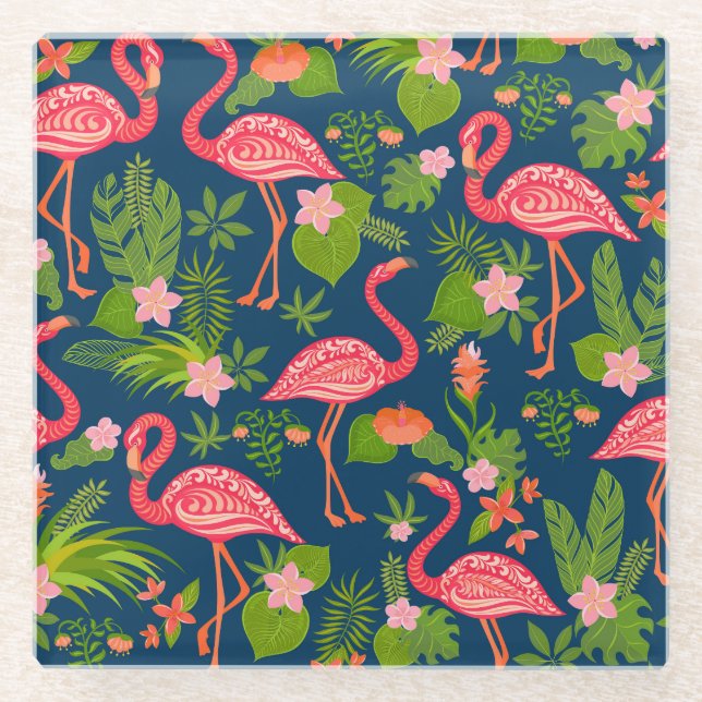 Pink Flamingo: Turquoise Striped Vintage Glass Coaster (Front)